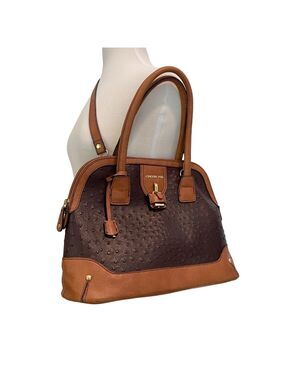 London Fog Brown & Tan Vegan Ostrich Leather Satchel Handbag With Shoulder